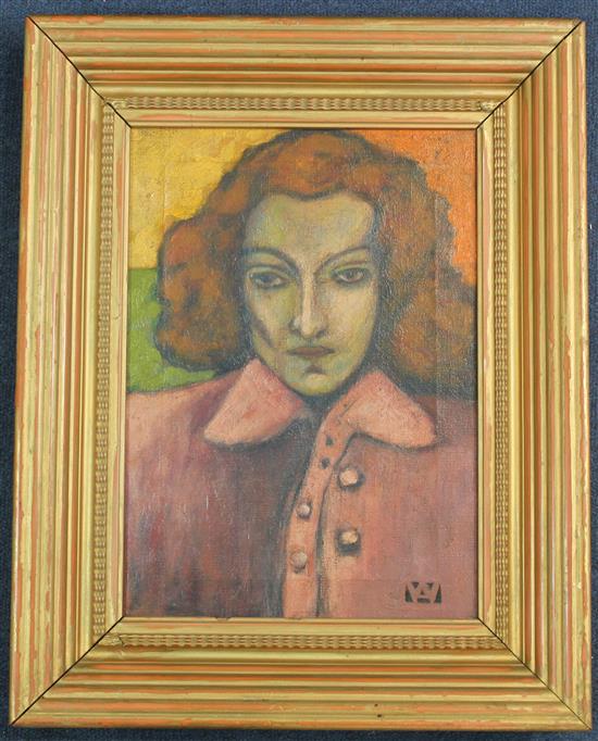 Attributed to Alfred Wolmark (1877-1961) Portrait of a woman wearing a pink coat, 14 x 10in.